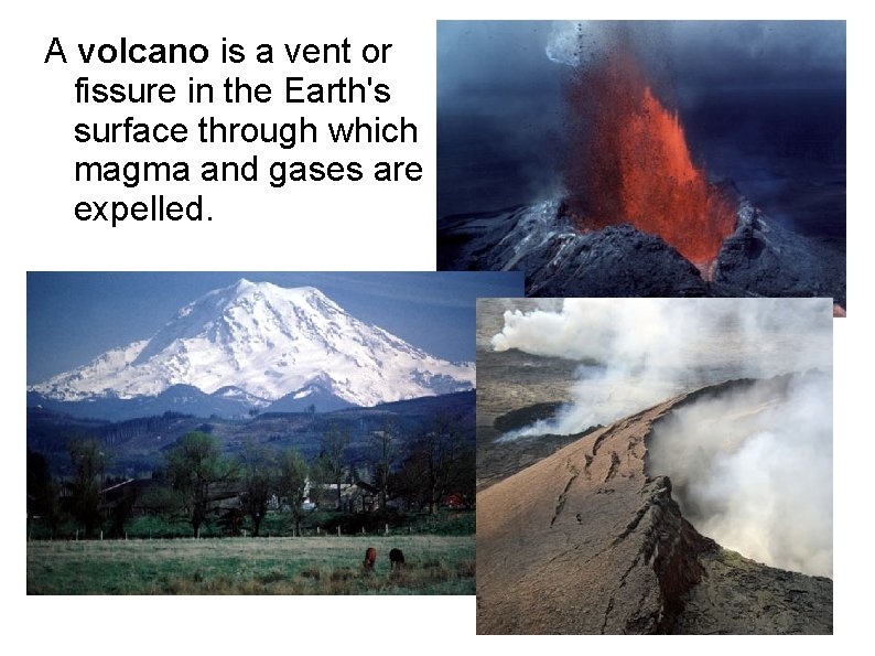 A volcano is a vent or fissure in the Earth's surface through which magma