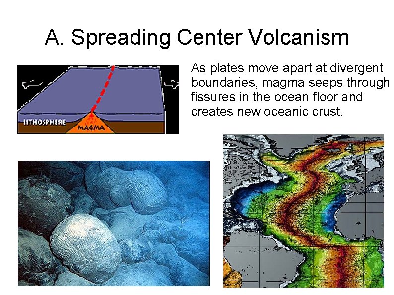 A. Spreading Center Volcanism As plates move apart at divergent boundaries, magma seeps through