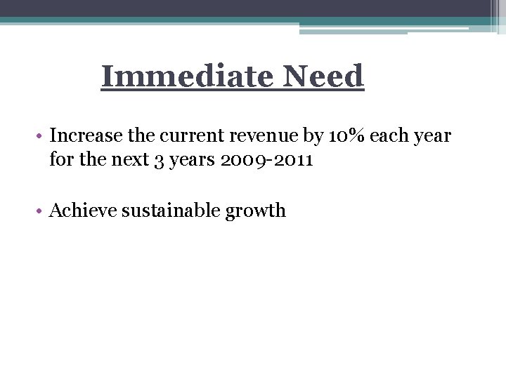 Immediate Need • Increase the current revenue by 10% each year for the next