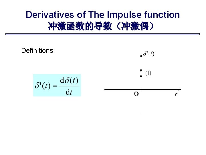 Derivatives of The Impulse function 冲激函数的导数（冲激偶） Definitions: 