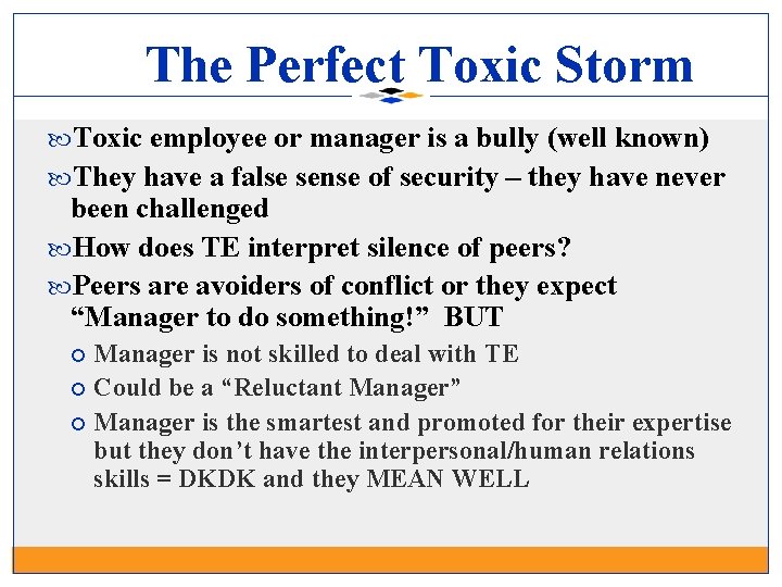 The Perfect Toxic Storm Toxic employee or manager is a bully (well known) They