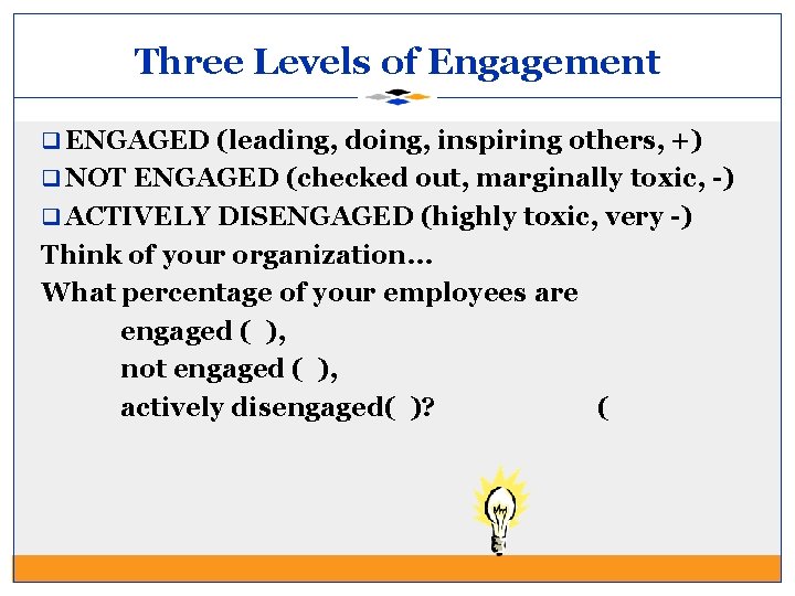Three Levels of Engagement q ENGAGED (leading, doing, inspiring others, +) q NOT ENGAGED