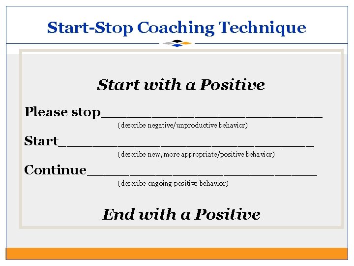 Start-Stop Coaching Technique Start with a Positive Please stop_____________ (describe negative/unproductive behavior) Start_______________ (describe