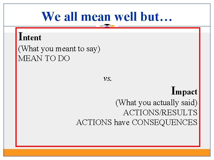 We all mean well but… Intent (What you meant to say) MEAN TO DO