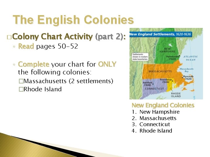 The English Colonies � Colony Chart Activity (part 2): ◦ Read pages 50 -52