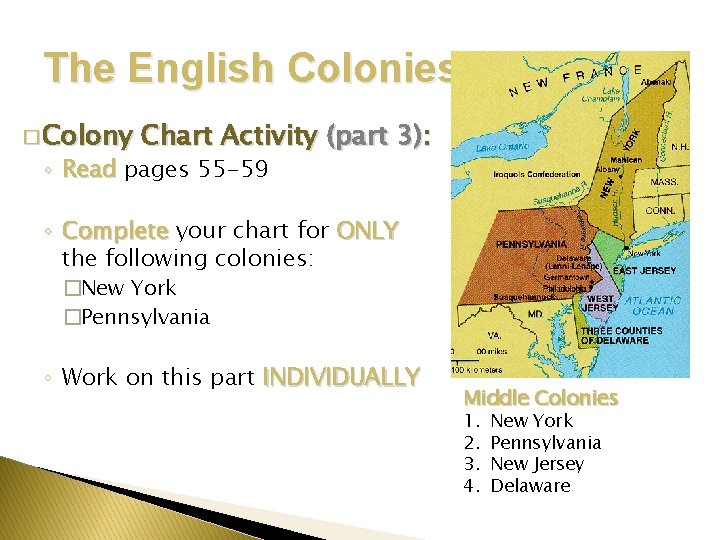 The English Colonies � Colony Chart Activity (part 3): ◦ Read pages 55 -59