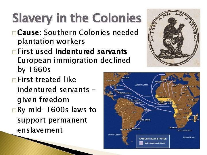 Slavery in the Colonies � Cause: Southern Colonies needed plantation workers � First used