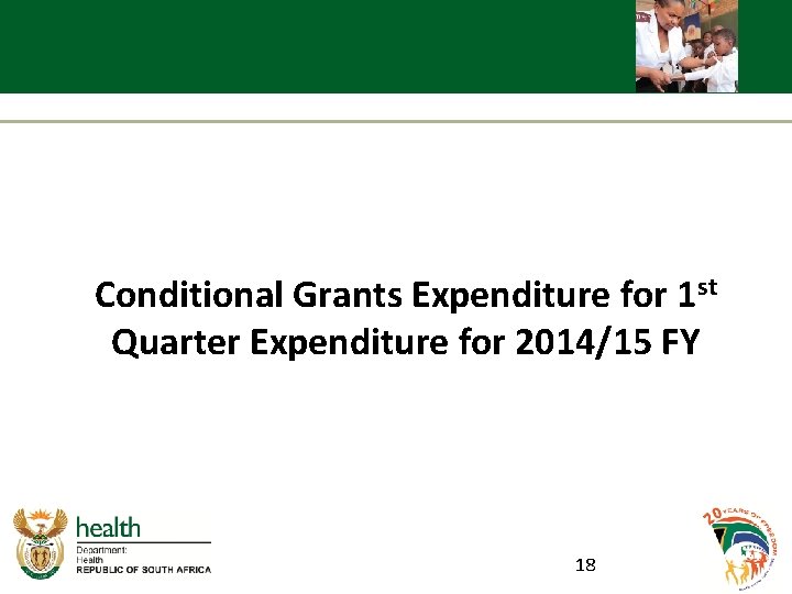 Conditional Grants Expenditure for 1 st Quarter Expenditure for 2014/15 FY 18 