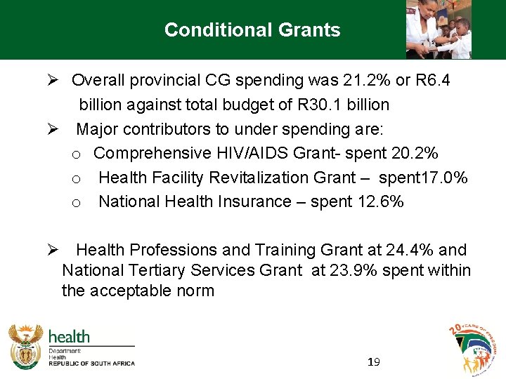 Conditional Grants Ø Overall provincial CG spending was 21. 2% or R 6. 4