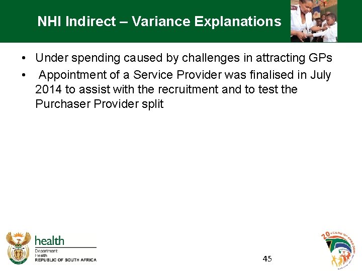 NHI Indirect – Variance Explanations • Under spending caused by challenges in attracting GPs