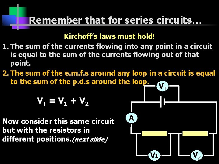 Remember that for series circuits… Kirchoff’s laws must hold! 1. The sum of the