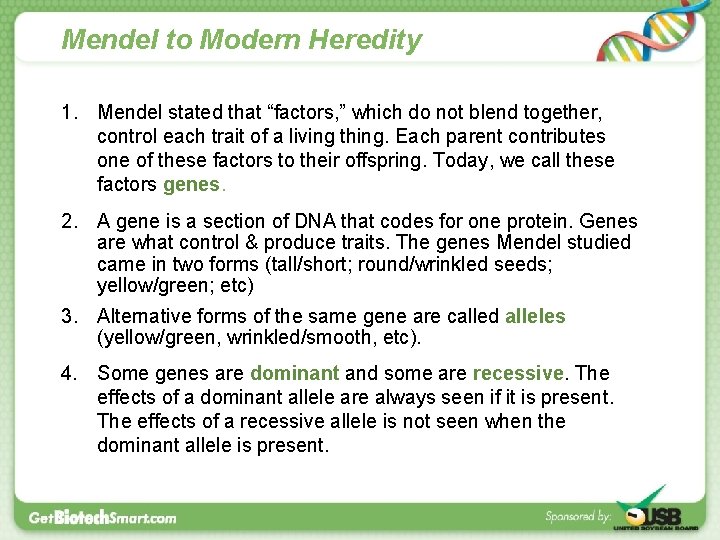 Mendel to Modern Heredity 1. Mendel stated that “factors, ” which do not blend