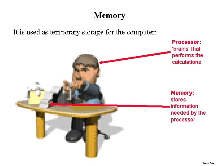Memory It is used as temporary storage for the computer: Processor: ‘brains’ that performs