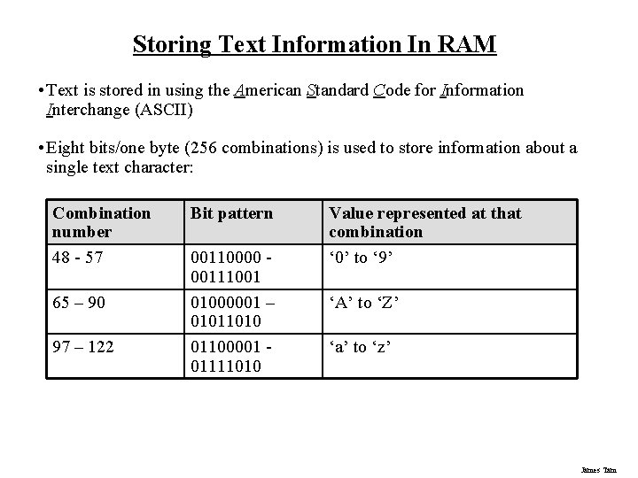 Storing Text Information In RAM • Text is stored in using the American Standard