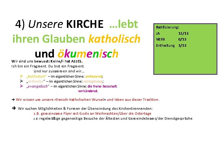 4) Unsere KIRCHE …lebt ihren Glauben katholisch und ökumenisch Ratifizierung: JA 12/13 NEIN 0/13