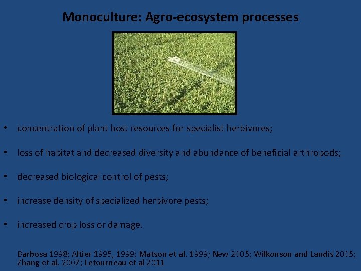 Monoculture: Agro-ecosystem processes • concentration of plant host resources for specialist herbivores; • loss