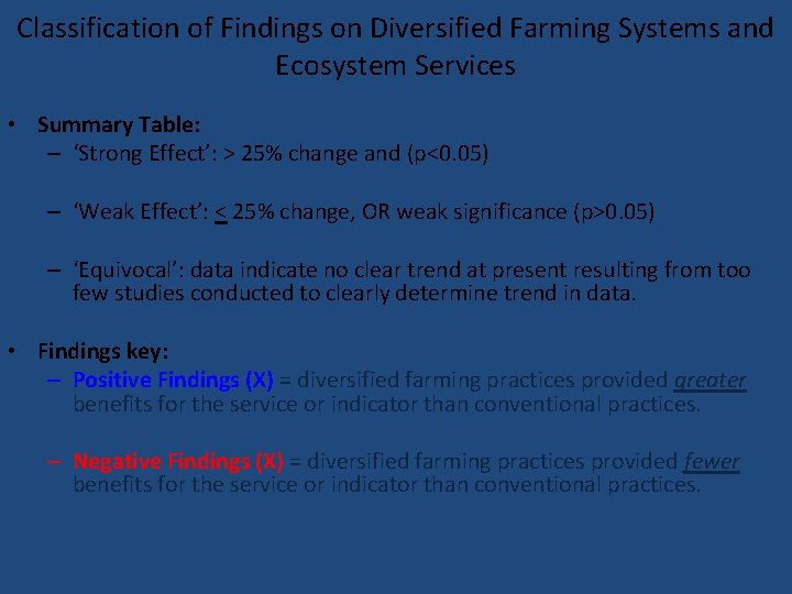 Classification of Findings on Diversified Farming Systems and Ecosystem Services • Summary Table: –