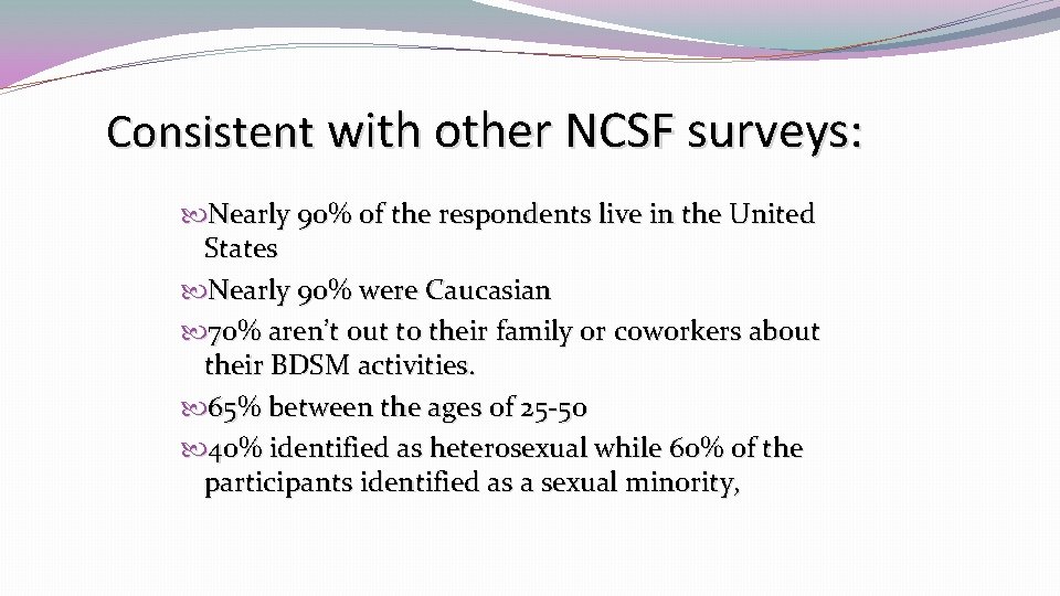 Consistent with other NCSF surveys: Nearly 90% of the respondents live in the United