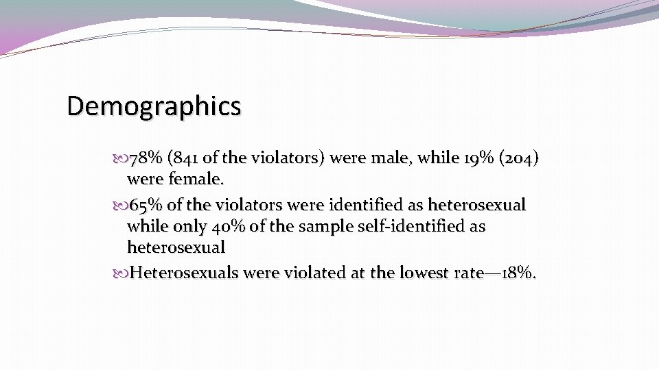 Demographics 78% (841 of the violators) were male, while 19% (204) were female. 65%