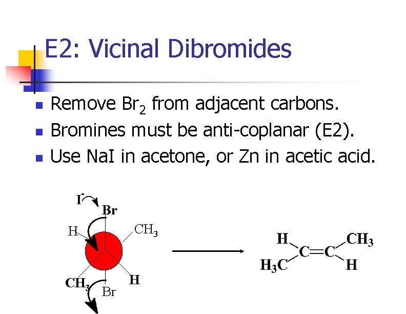 E 2: Vicinal Dibromides n n n Remove Br 2 from adjacent carbons. Bromines