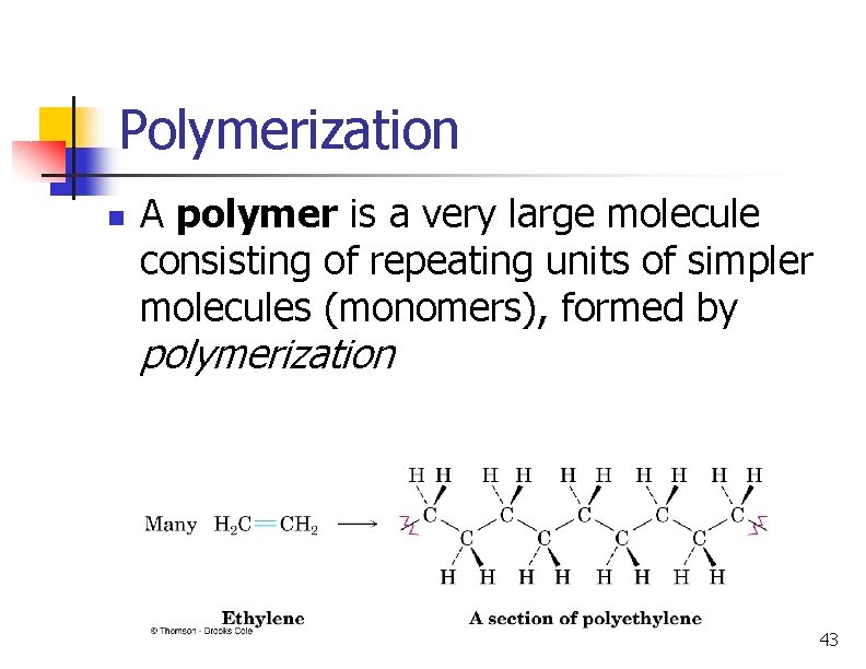 Polymerization n A polymer is a very large molecule consisting of repeating units of