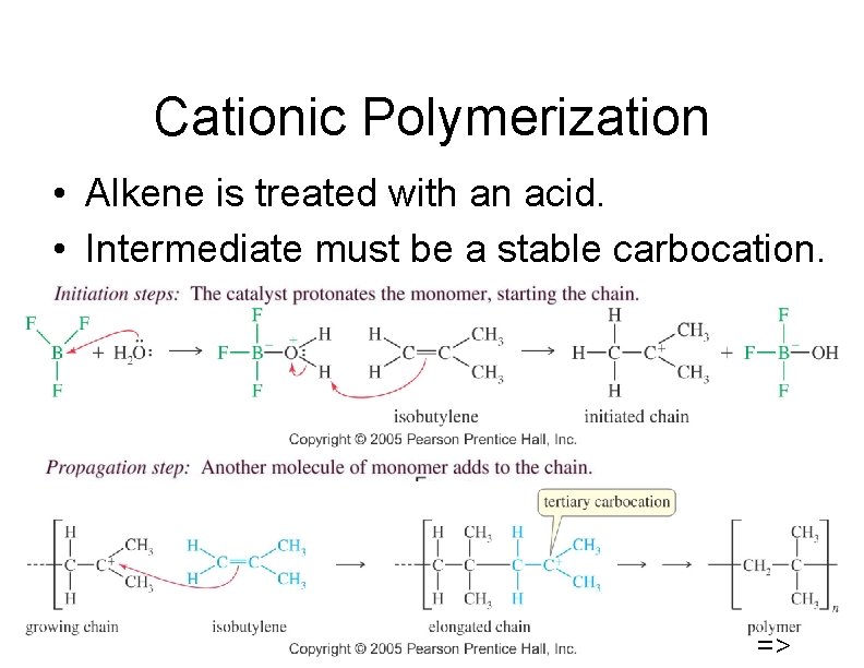 Cationic Polymerization • Alkene is treated with an acid. • Intermediate must be a