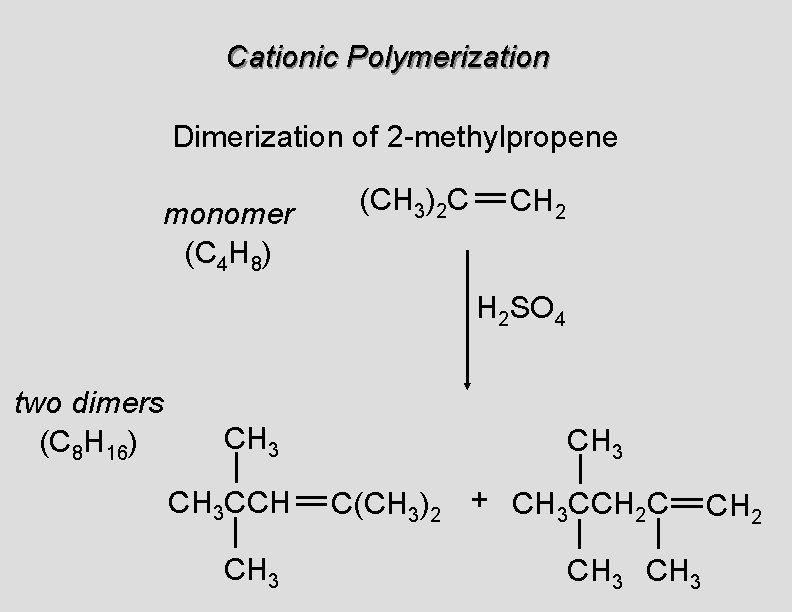 Cationic Polymerization Dimerization of 2 -methylpropene monomer (C 4 H 8) (CH 3)2 C