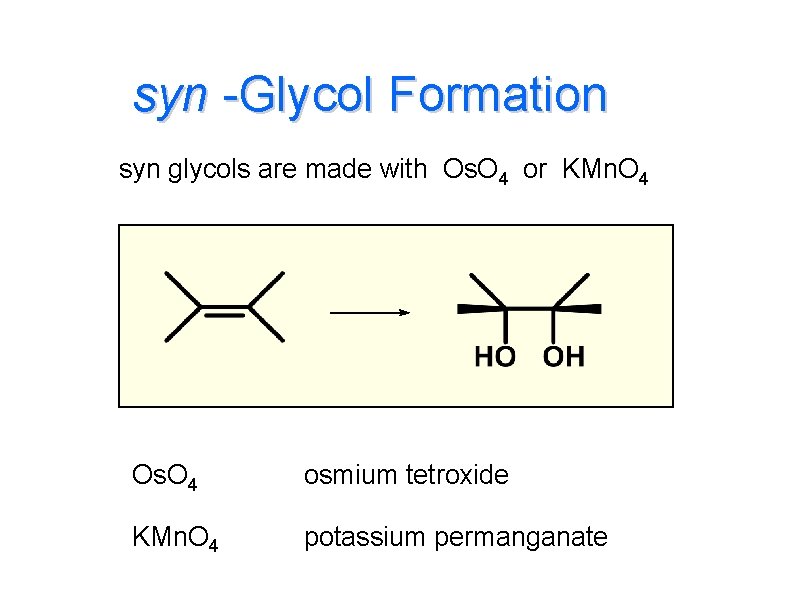 syn -Glycol Formation syn glycols are made with Os. O 4 or KMn. O