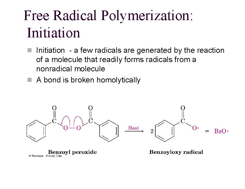 Free Radical Polymerization: Initiation n Initiation - a few radicals are generated by the Free Radical Polymerization: Initiation n Initiation - a few radicals are generated by the