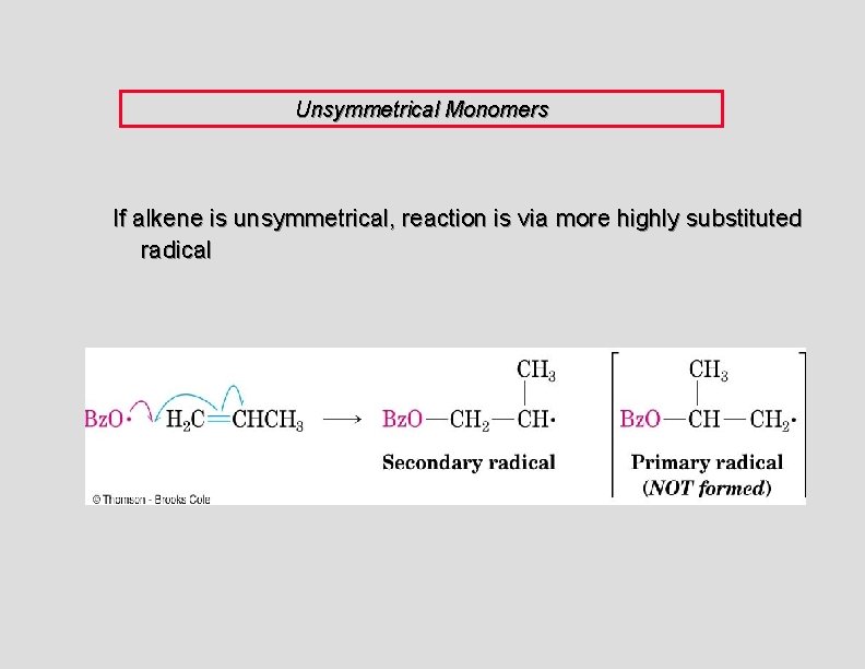 Unsymmetrical Monomers If alkene is unsymmetrical, reaction is via more highly substituted radical 