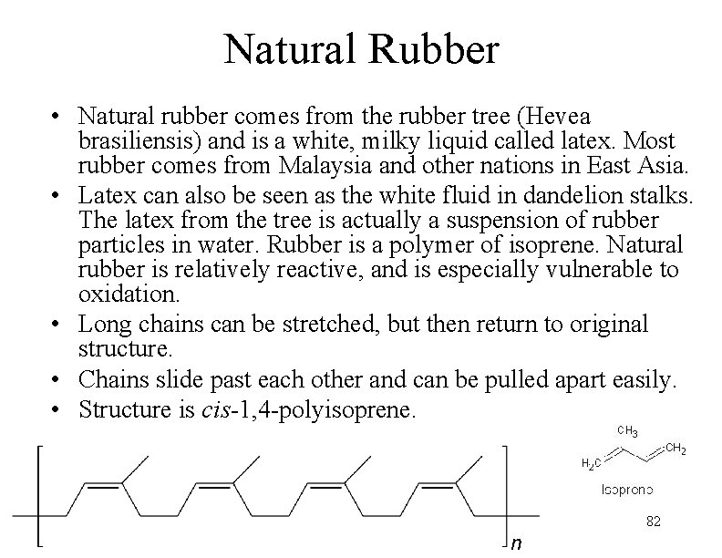 Natural Rubber • Natural rubber comes from the rubber tree (Hevea brasiliensis) and is