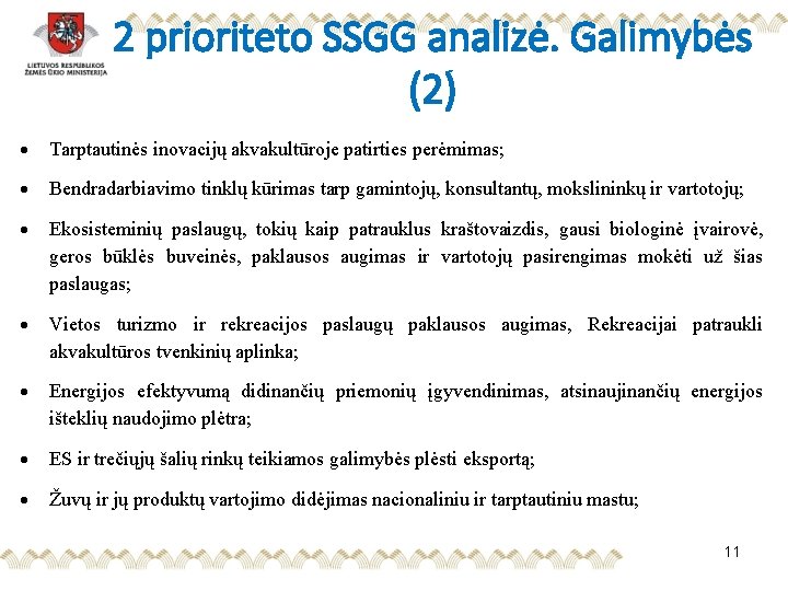 2 prioriteto SSGG analizė. Galimybės (2) Tarptautinės inovacijų akvakultūroje patirties perėmimas; Bendradarbiavimo tinklų kūrimas