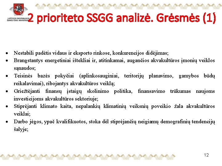 2 prioriteto SSGG analizė. Grėsmės (1) Nestabili padėtis vidaus ir eksporto rinkose, konkurencijos didėjimas;