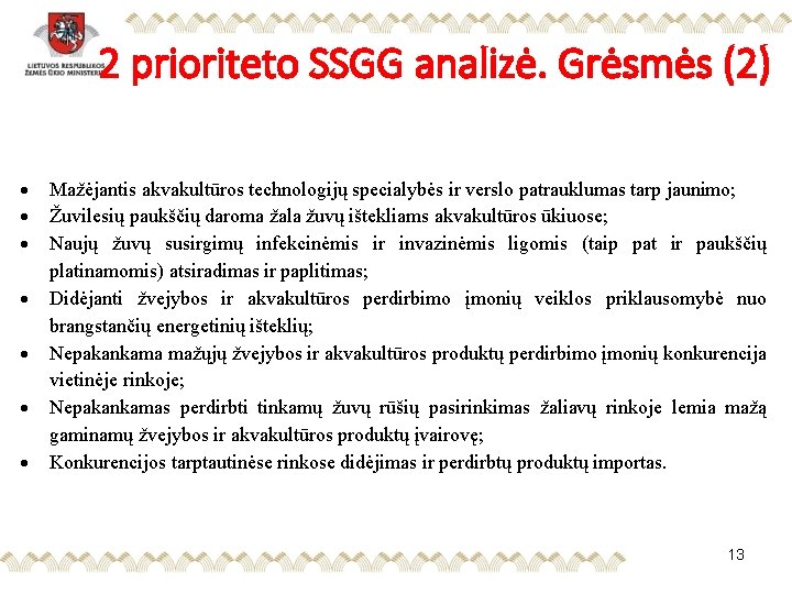 2 prioriteto SSGG analizė. Grėsmės (2) Mažėjantis akvakultūros technologijų specialybės ir verslo patrauklumas tarp