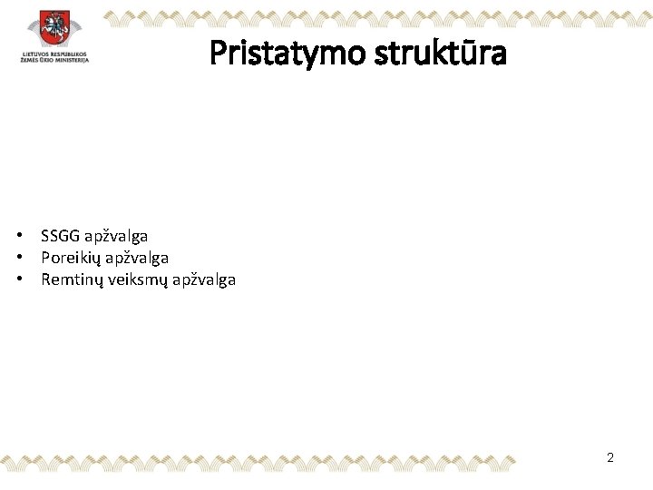 Pristatymo struktūra • SSGG apžvalga • Poreikių apžvalga • Remtinų veiksmų apžvalga 2 