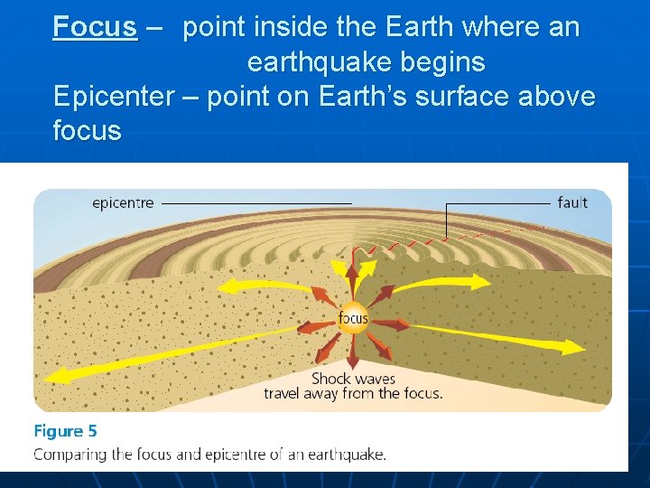 Focus – point inside the Earth where an earthquake begins Epicenter – point on