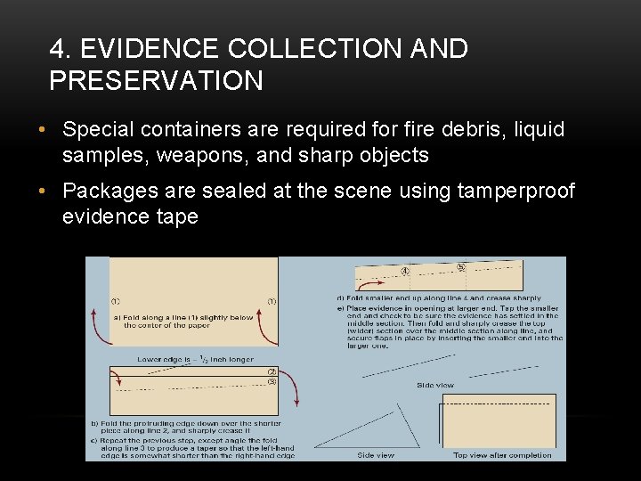 4. EVIDENCE COLLECTION AND PRESERVATION • Special containers are required for fire debris, liquid