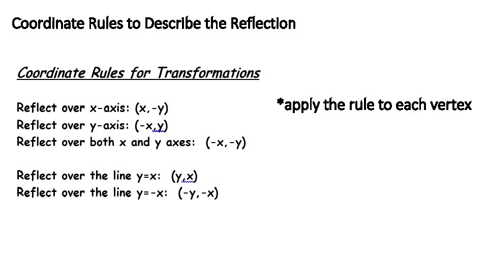Coordinate Rules to Describe the Reflection *apply the rule to each vertex 