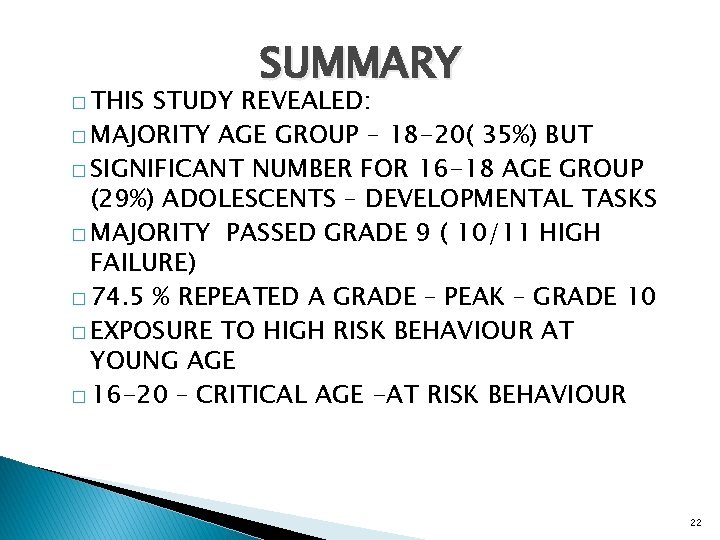 � THIS SUMMARY STUDY REVEALED: � MAJORITY AGE GROUP – 18 -20( 35%) BUT