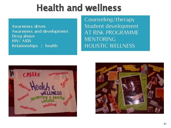 Health and wellness Awareness drives Awareness and development Drug abuse HIV/ AIDS Relationships /