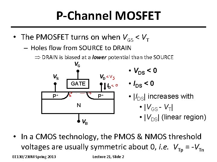 P-Channel MOSFET • The PMOSFET turns on when VGS < VT – Holes flow