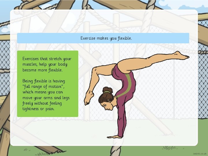 Exercise makes you flexible. Exercises that stretch your muscles, help your body become more