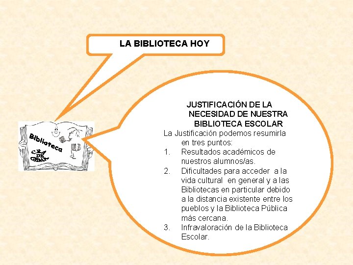 LA BIBLIOTECA HOY JUSTIFICACIÓN DE LA NECESIDAD DE NUESTRA BIBLIOTECA ESCOLAR La Justificación podemos