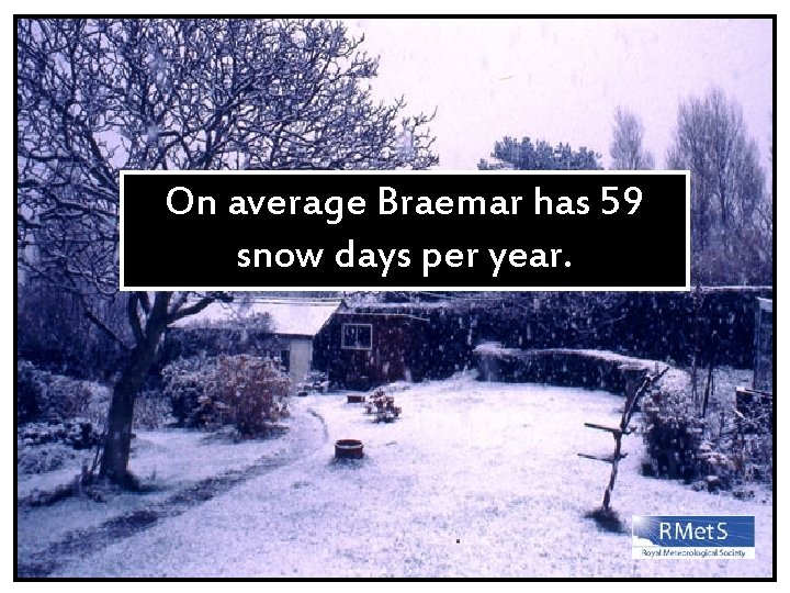 On average Braemar has 59 snow days per year. 