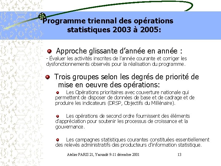 Programme triennal des opérations statistiques 2003 à 2005: Approche glissante d’année en année :