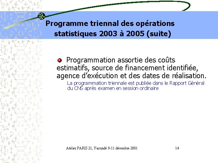 Programme triennal des opérations statistiques 2003 à 2005 (suite) Programmation assortie des coûts estimatifs,