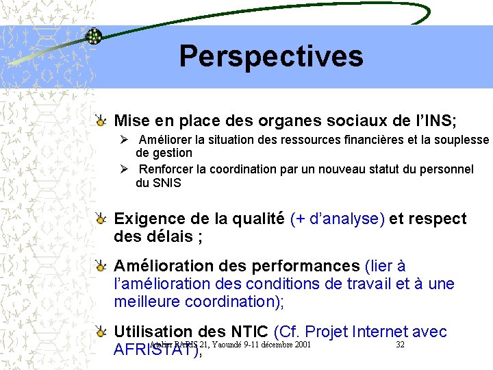 Perspectives Mise en place des organes sociaux de l’INS; Ø Améliorer la situation des