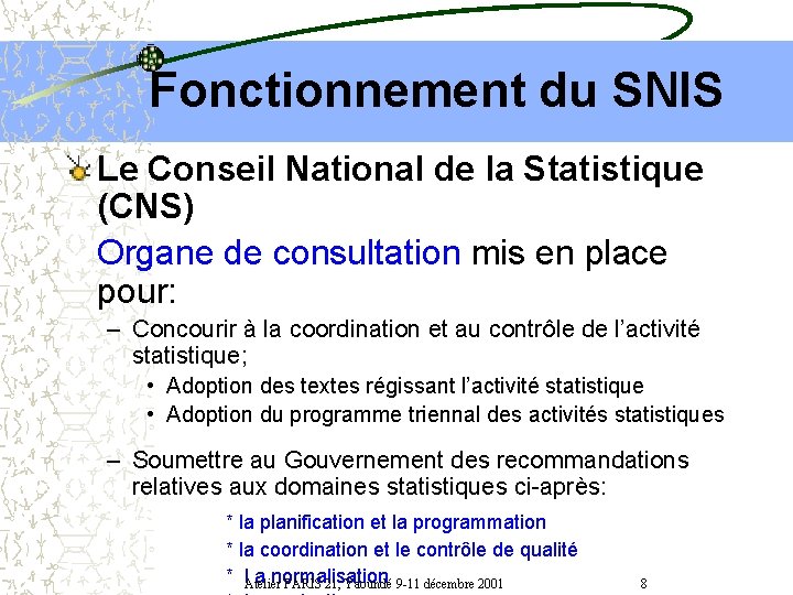 Fonctionnement du SNIS Le Conseil National de la Statistique (CNS) Organe de consultation mis