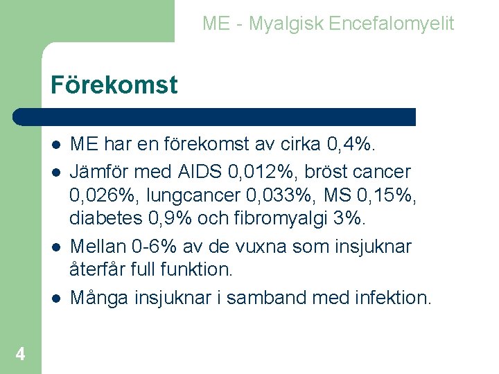 ME - Myalgisk Encefalomyelit Förekomst l l 4 ME har en förekomst av cirka