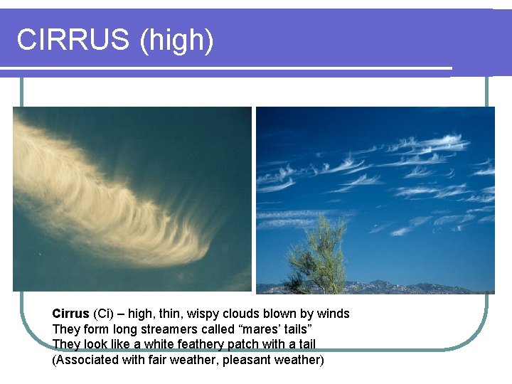 CIRRUS (high) Cirrus (Ci) – high, thin, wispy clouds blown by winds They form